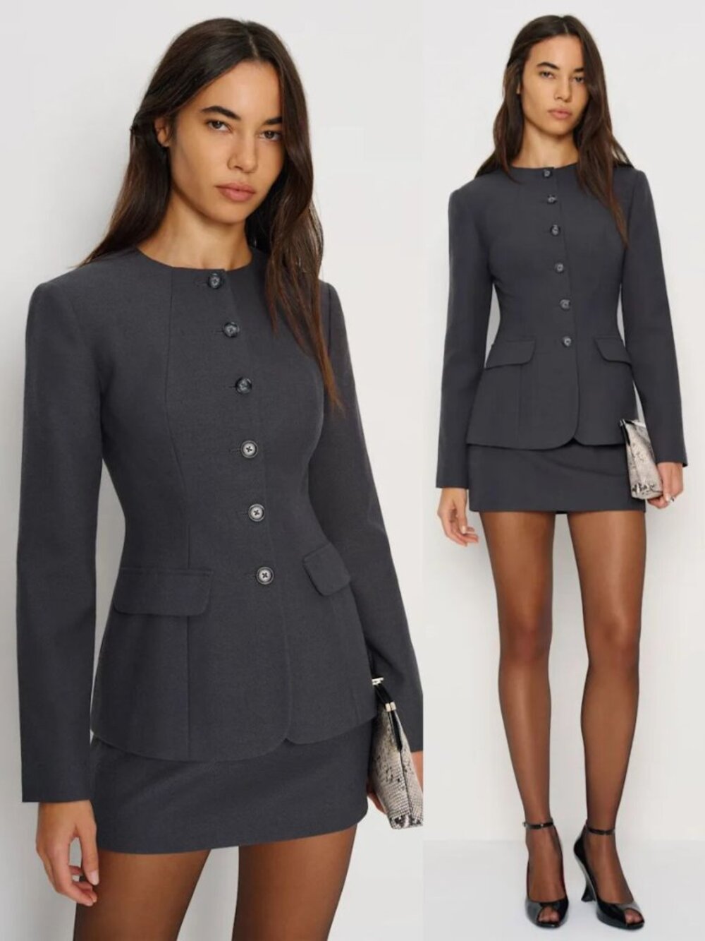 Reformation Georgia Two Piece Suit Set Charcoal Grey Top Mini Skirt NWT Size 0